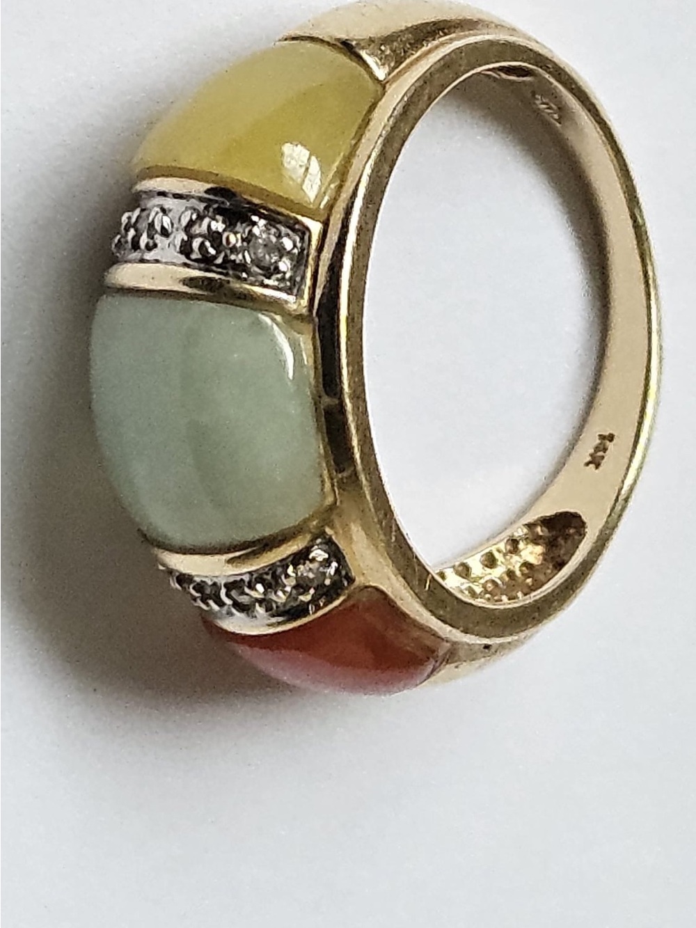 Gold Ring with Jade and carnelian inlays 14k. Had this appraised at the jeweler